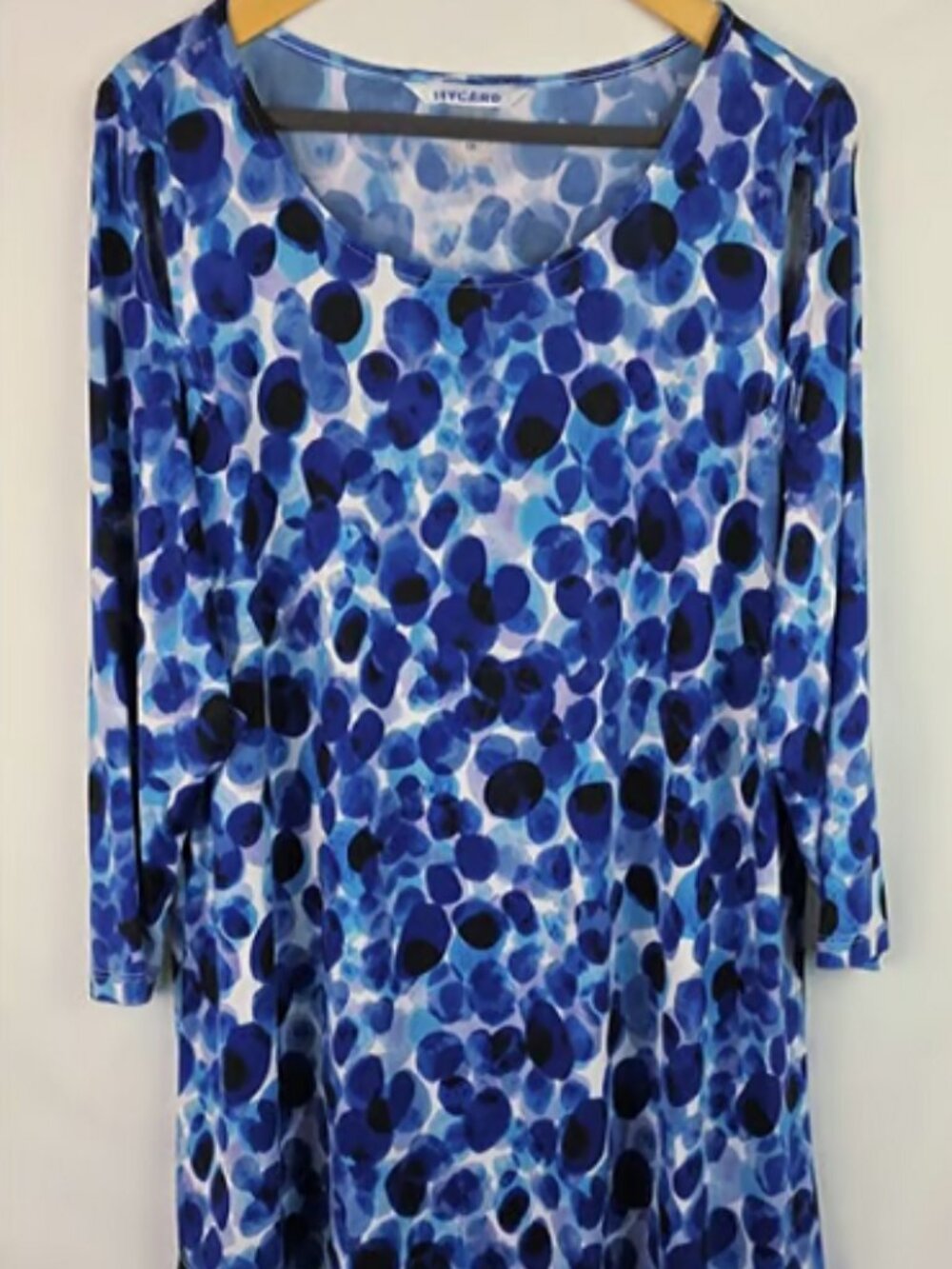 Nygard Blue Watercolor Abstract 3/4 Sleeve Cold Shoulder Asymmetrical Top